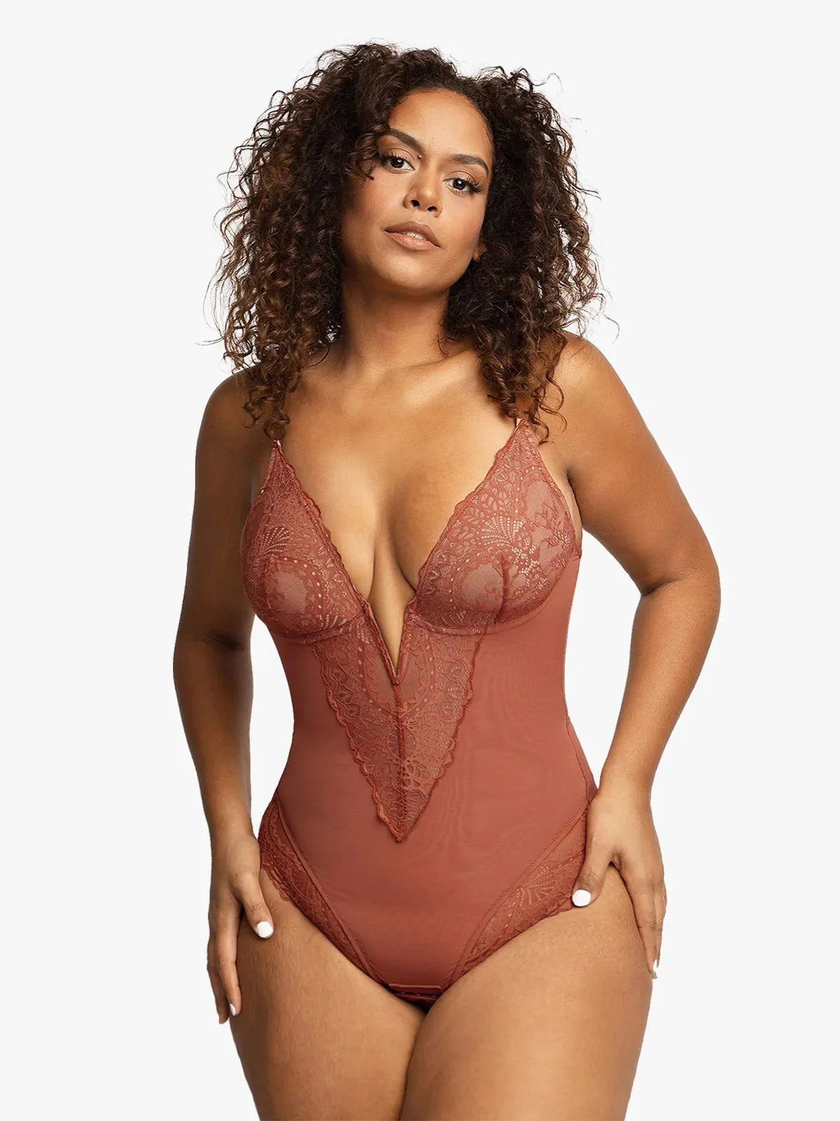 Popilush® Sexy Tops Body Shaper Chocolate / S Shapewear Lace Deep V-Neck Sculpting Thong Bodysuit