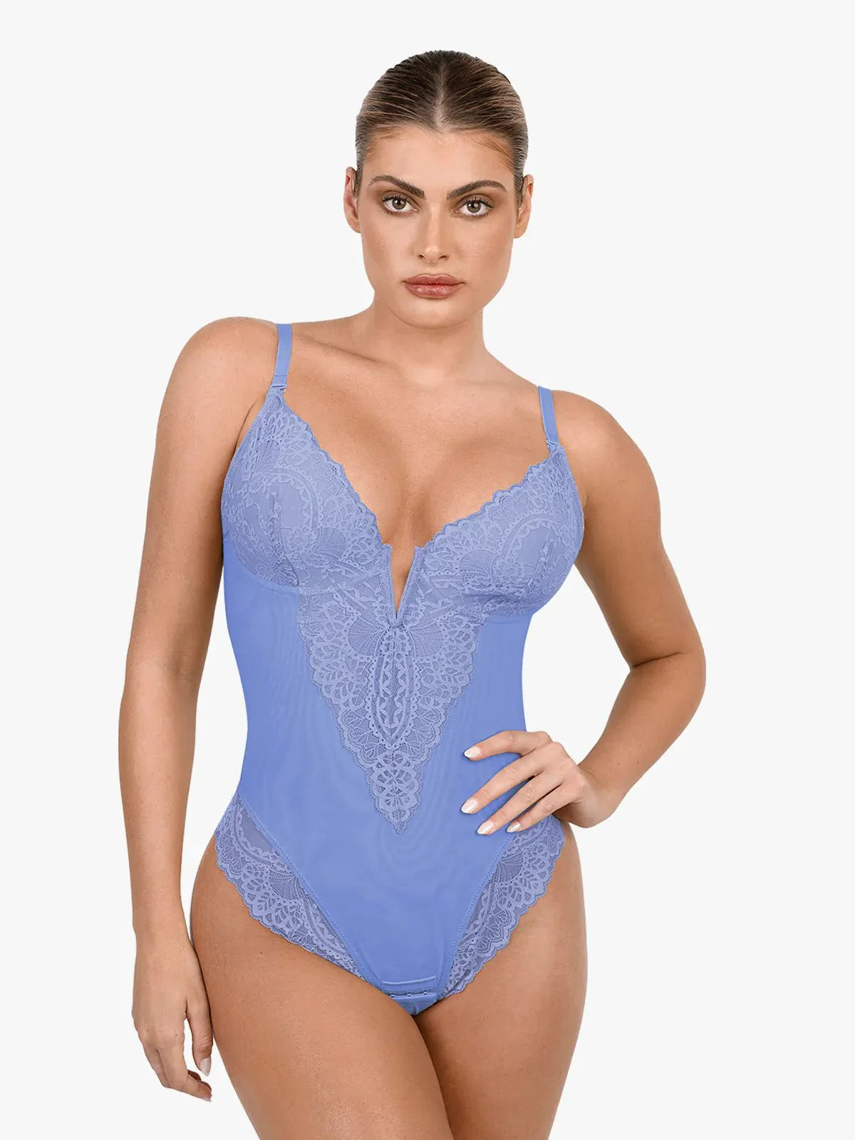 Popilush® Sexy Tops Body Shaper Light Blue / S Shapewear Lace Deep V-Neck Sculpting Thong Bodysuit