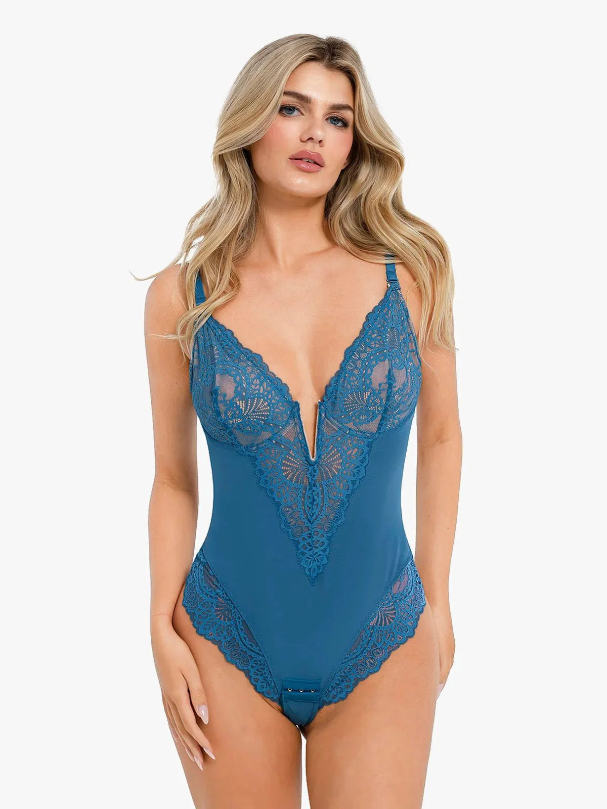 Popilush® Sexy Tops Body Shaper Peacock Blue / S Shapewear Lace Deep V-Neck Sculpting Thong Bodysuit