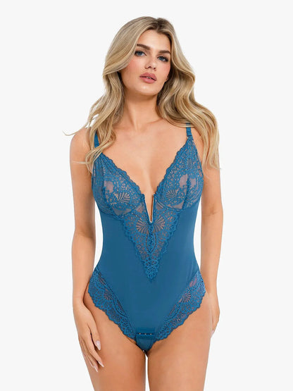 Popilush® Sexy Tops Body Shaper Peacock Blue / S Shapewear Lace Deep V-Neck Sculpting Thong Bodysuit