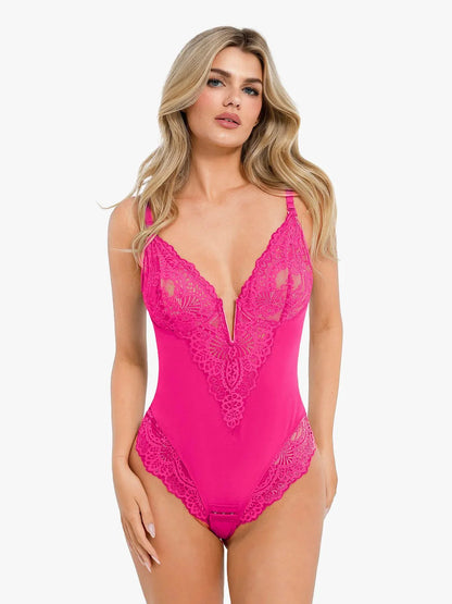Popilush® Sexy Tops Body Shaper Pink / S Shapewear Lace Deep V-Neck Sculpting Thong Bodysuit