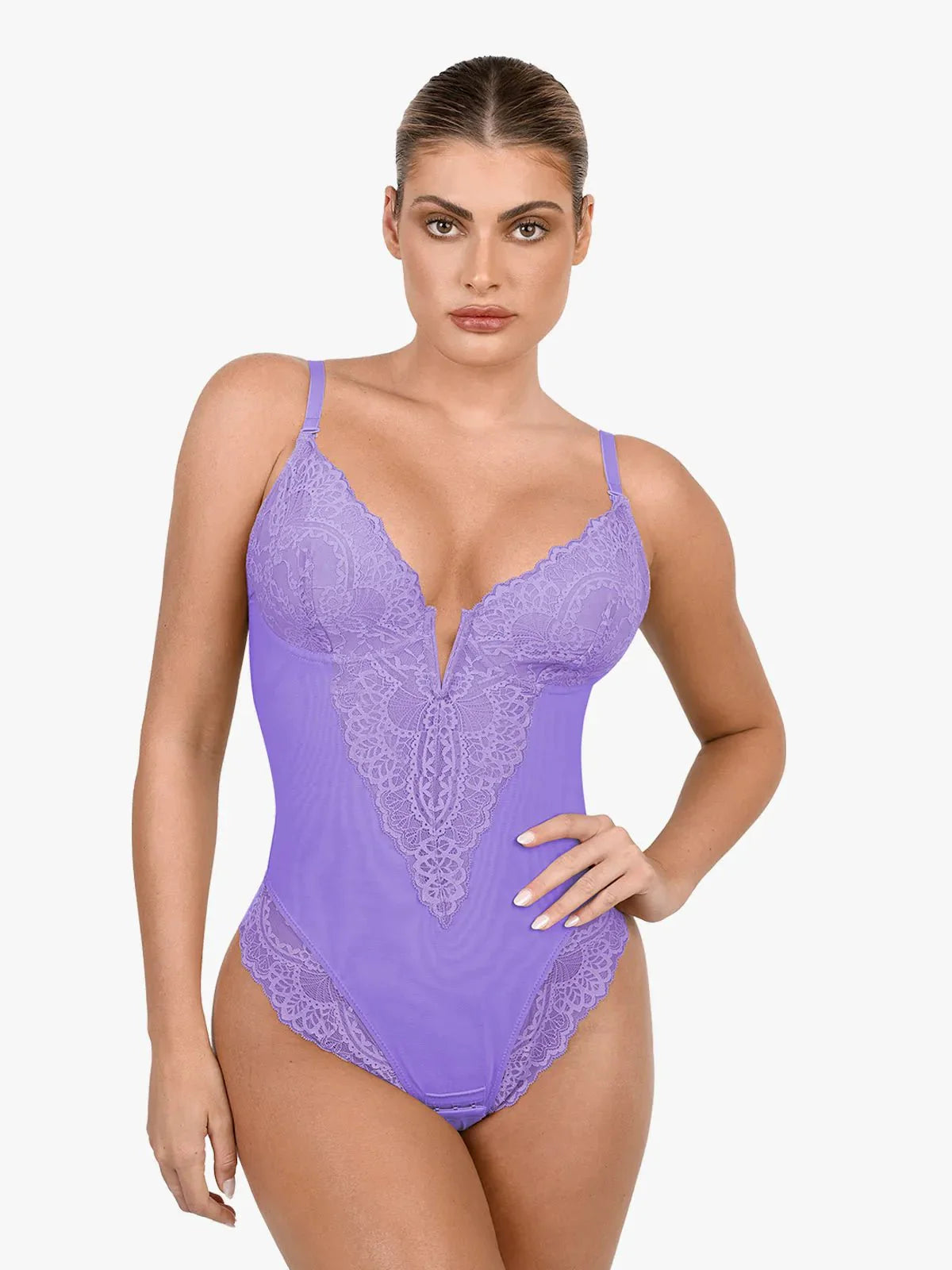 Popilush® Sexy Tops Body Shaper Purple / S Shapewear Lace Deep V-Neck Sculpting Thong Bodysuit